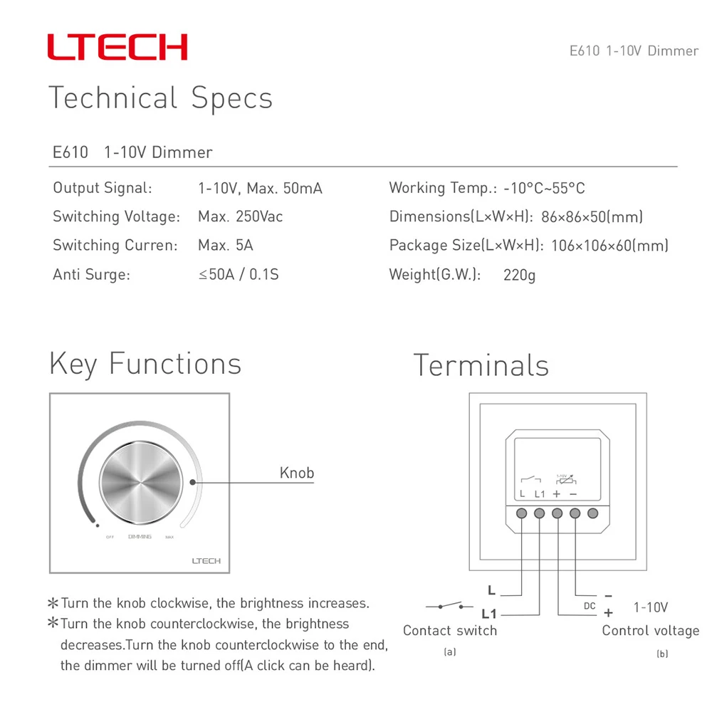 

LTECH E610P-RF E610 E610P 0-10V Wireless Touch Panel Dimmer Wall Mount Knob for LED Light Incandescent Lamp AC 100V-240V