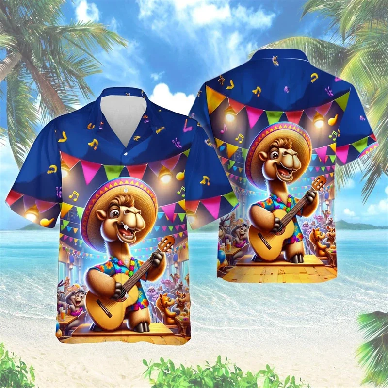 Camelos do Deserto dos homens impresso 3D camisa havaiana, camisa de praia padrão animal, blusa casual de lapela manga curta, camisas Aloha soltas