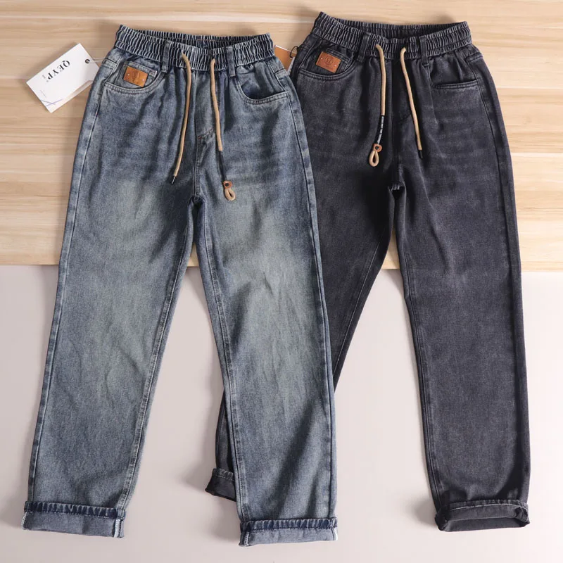 

Удобные мужские свободные прямые повседневные джинсы с прямыми штанинами, винтажные осенне-зимние брюки из смеси хлопка со средней талией