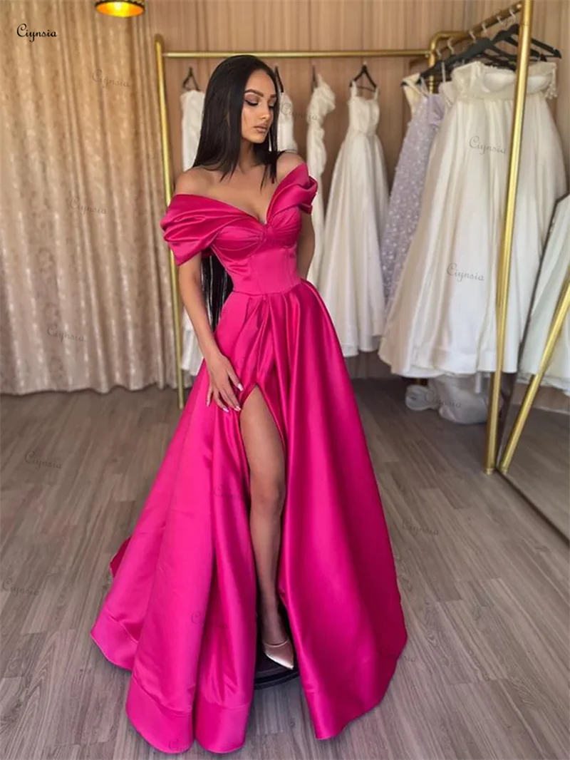 

Ciynsia Off the Shoulder A-Line Prom Dresses Long Pink Satin Formal Evening Gown Sexy Slit Vestido De Festa De Casamento Simple