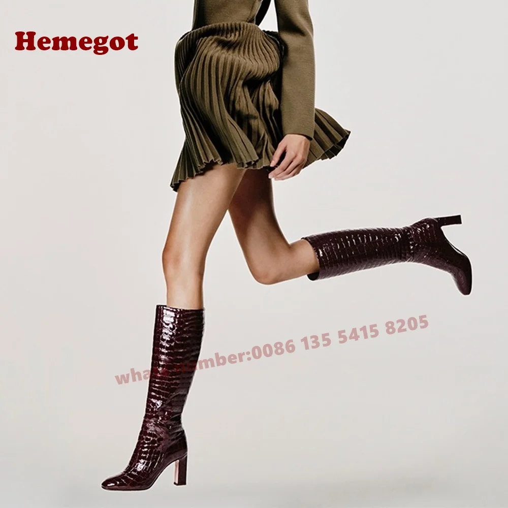 

Croc-Pattern Chunky Heels Knee High Boots Round Toe Splicing Solid Casual Shoes 2025 New Designer Winter Knight Boots Burgundy
