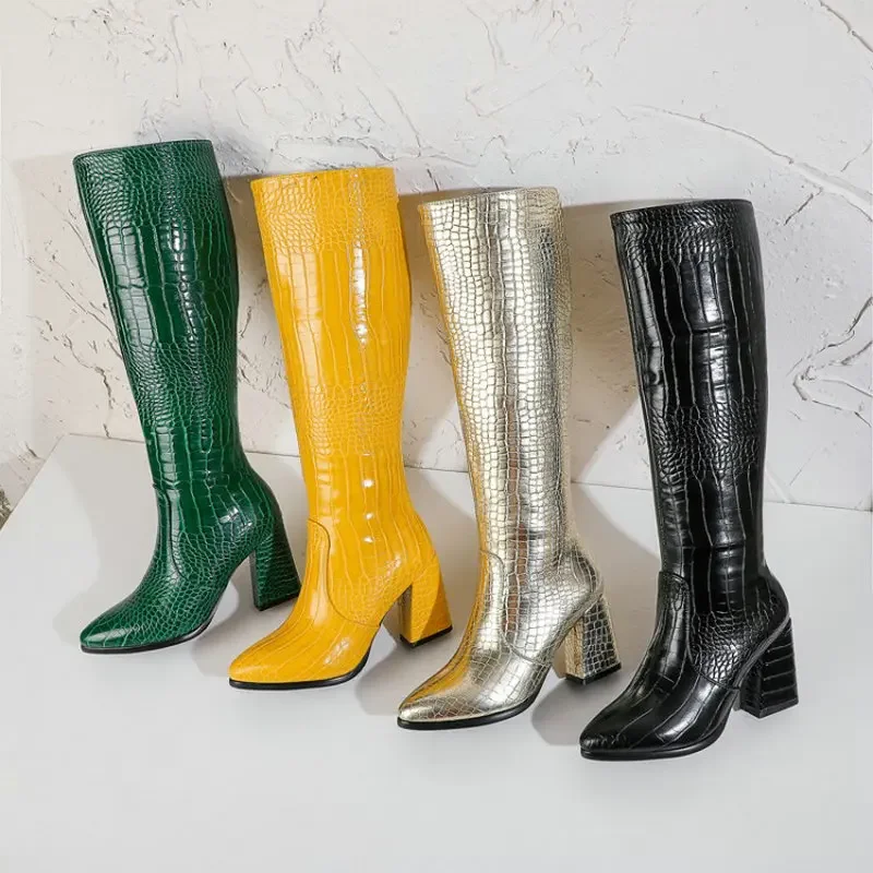 ZawsThia green yellow boots for woman snake skin PU leather block high heels zipper womens winter boots knee high long boots image 6