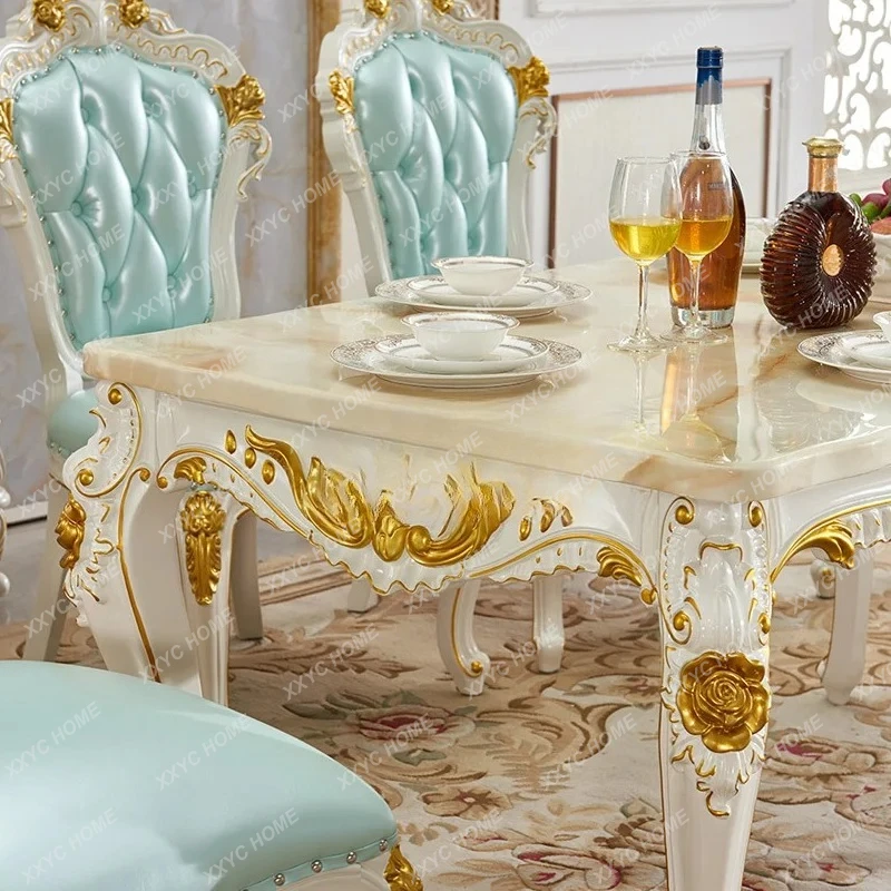 European dining table solid wood marble surface gold painted square dining table villa set
