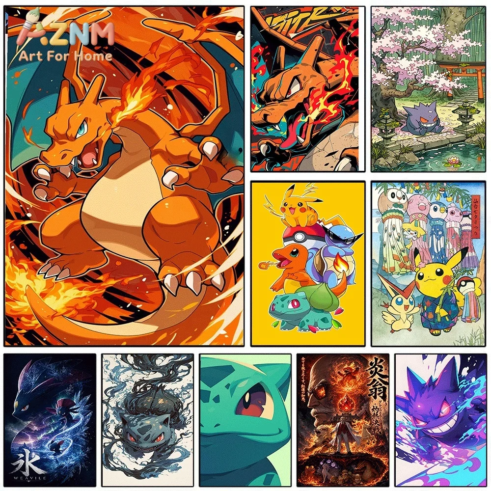 Anime Pokemon Pop‑art Charizard Canvas Wall Art, Fire‑type Pocket Monster Cartoon Frameless Canvas Painting for Kids Bedroom L
