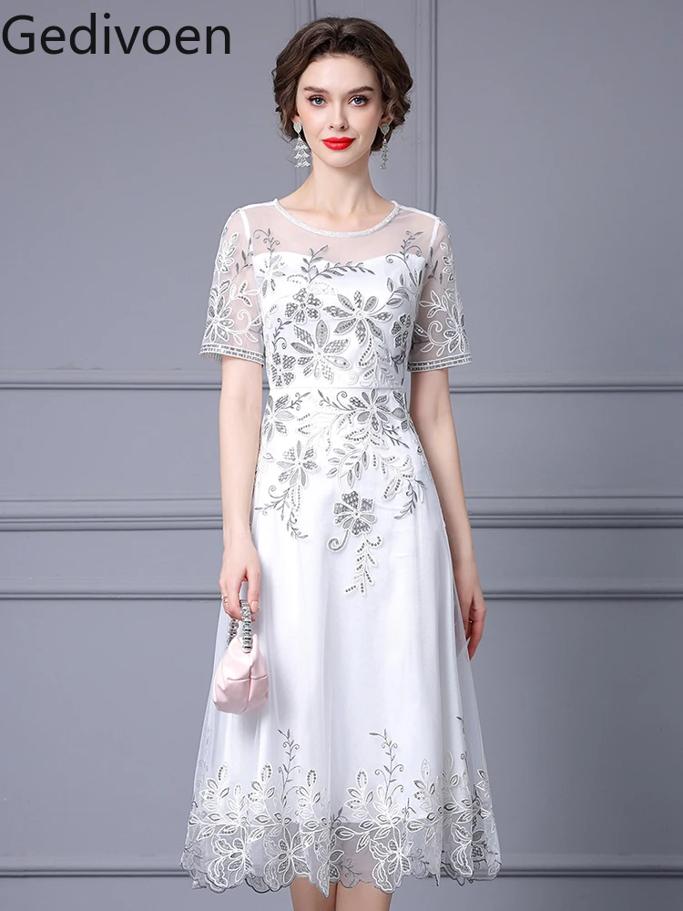 

Gedivoen Fashion Designe Summer Women's Long Dresses O-Neck Collar Embroidery Slim Fit Office Lady Style A-LINE Dress