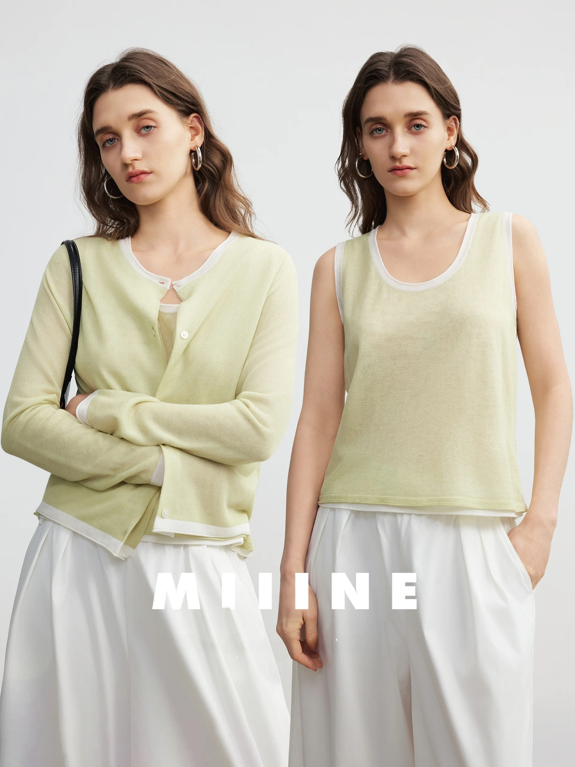 

Комплект из льняного вязаного кардигана и жилета Miiine: повседневный дизайн с контрастными цветами, весна 2026, модный женский костюм-двойка