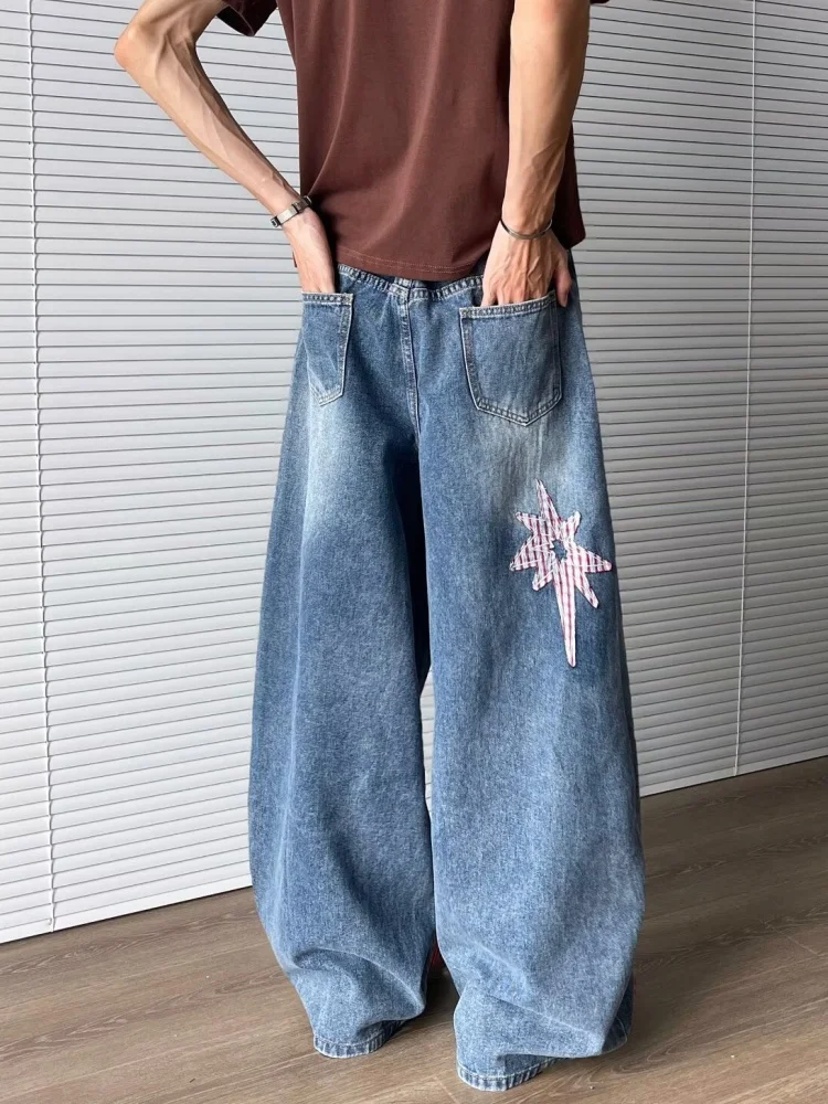 2025 Japanese Y2K Fashion Star Embroidery Baggy Stacked Jeans Pants For Men Clothing Vintage Blue Straight Gothic Denim Trousers