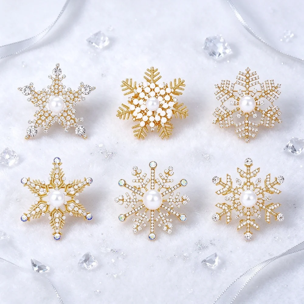 Snowflake Brooch Artificial Pearl Inlaid Crystal Rhinestone Lapel Pin Winter Snow Brooch Dress Coat Decor Holiday Party Jewelry