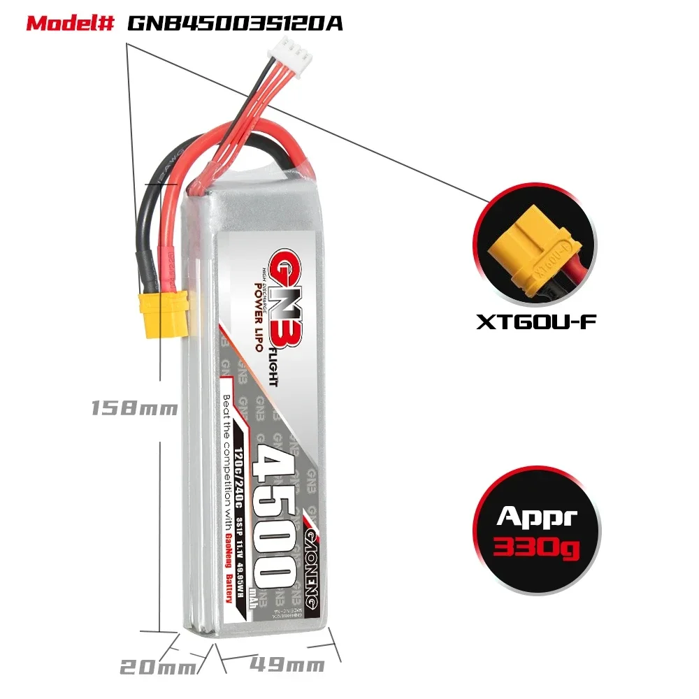 Bateria GAONENG-GNB LiPo, 4500mAh, 3S, 4S, 6S, 120C, XT90, carro RC, 300mm a 360mm, 7 polegadas, FPV Drone FMS, 70mm, jatos EDF