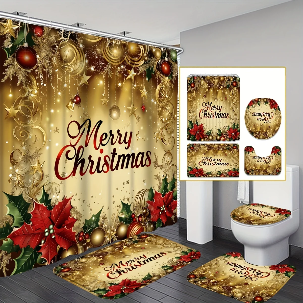 

Набор золотых занавесок для душа с рождественским колокольчиком, нескользящими ковриками и подставкой для унитаза, полиэстеровый стиль для прогулок с 12 крючками