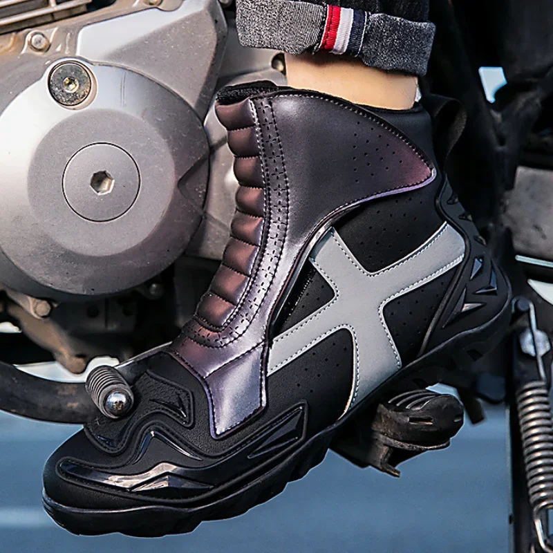 Men Motorcycle Racing Boots Leather Motorcyclist Boot Motocorss Shoes With Gear Shift Protective Pad Anti-slip Rubber Sole Shoes