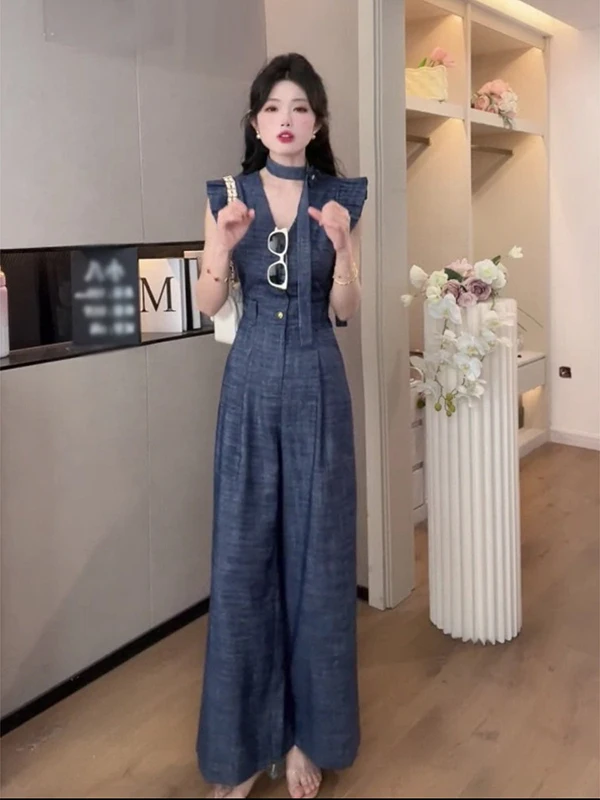 

High Waist Denim Jumpsuit Women's Summer Fashion Slim Straight Leg Wide Leg Pants Comfortable Casual High Waist Jumpsuit
