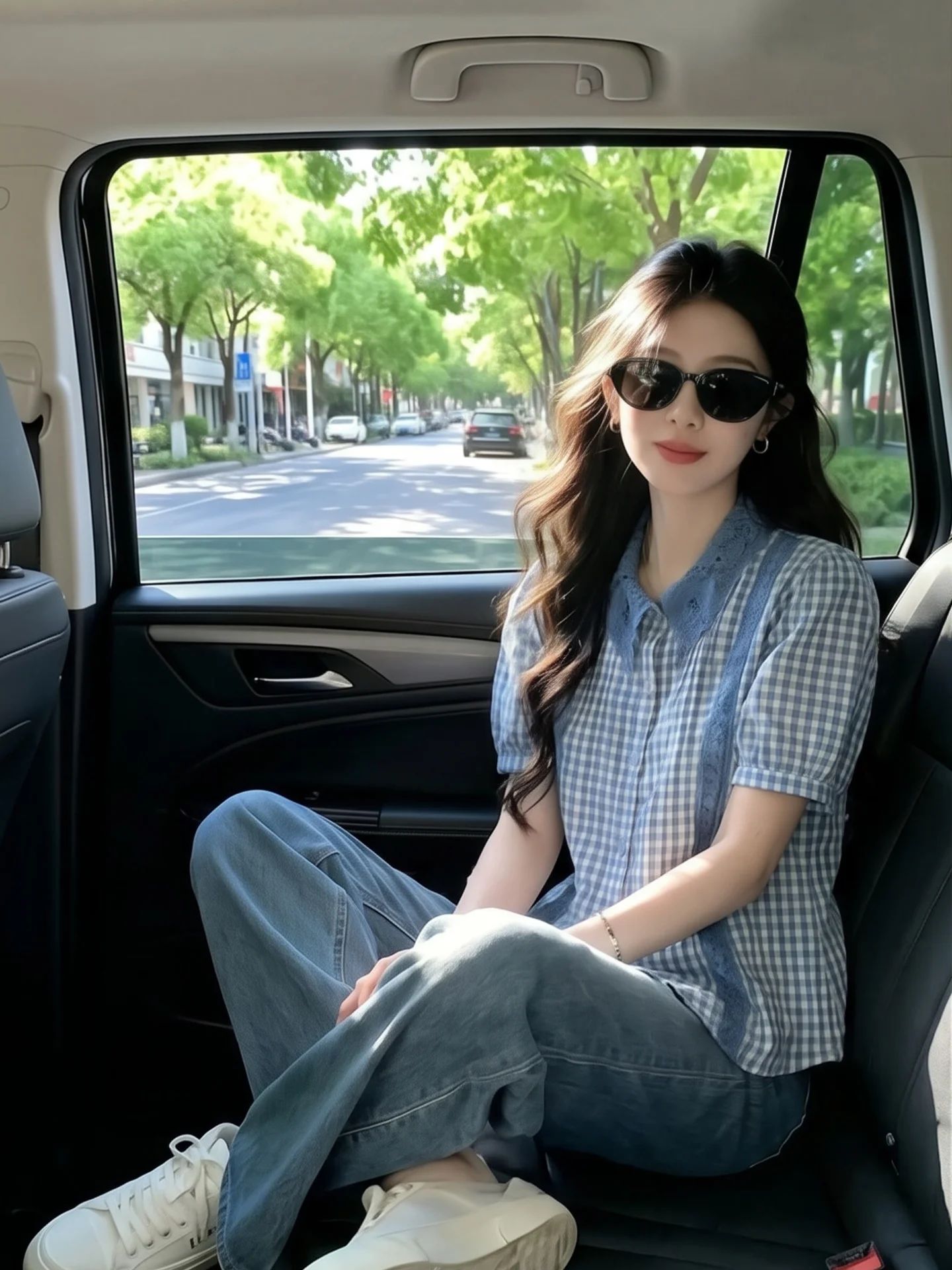 

Blue Lace Collar Plaid Shirt Women's Summer New Style Single Button Short Sleeve Neck Top Trendy Loose Fit Casual Wear