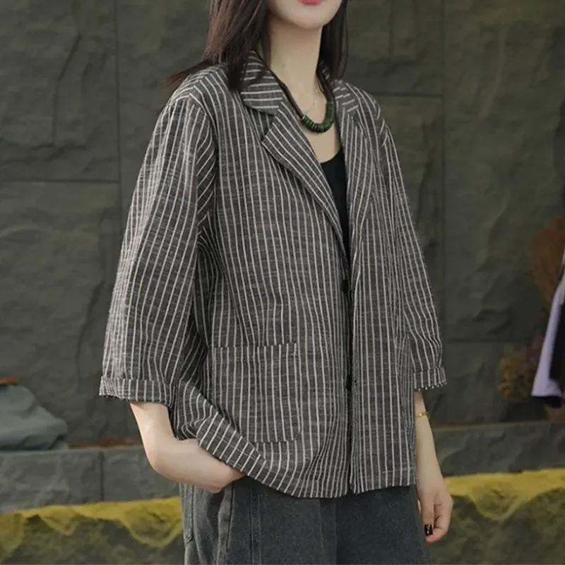Women's Brown Striped 3/4 Sleeve Oversized Blouse Loose-Fitting Casual Button-Down Shirt