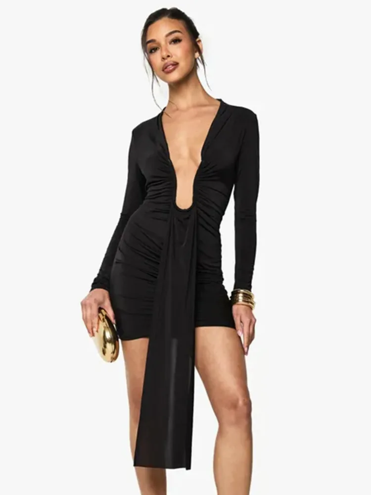 

Mozision Deep V Neck Long Sleeve Sexy Mini Dress For Women Autumn Fashion Solid Draped Ruched Bodycon Club Party Dress Female