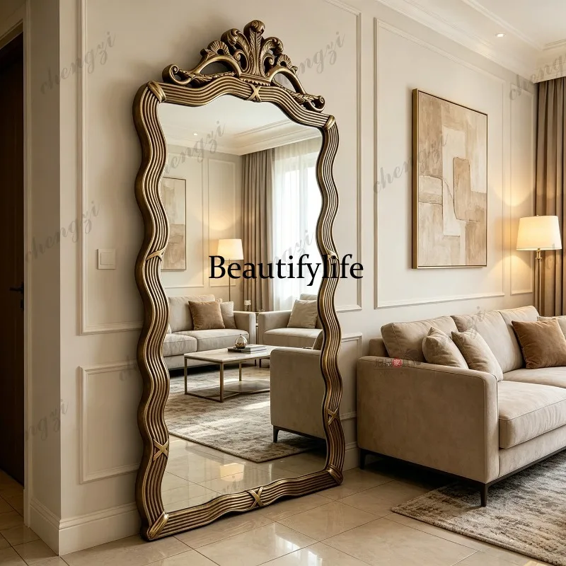 French retro carved full-length mirror, living room entrance, full body, European bedroom, premium floor-to-ceiling mirror