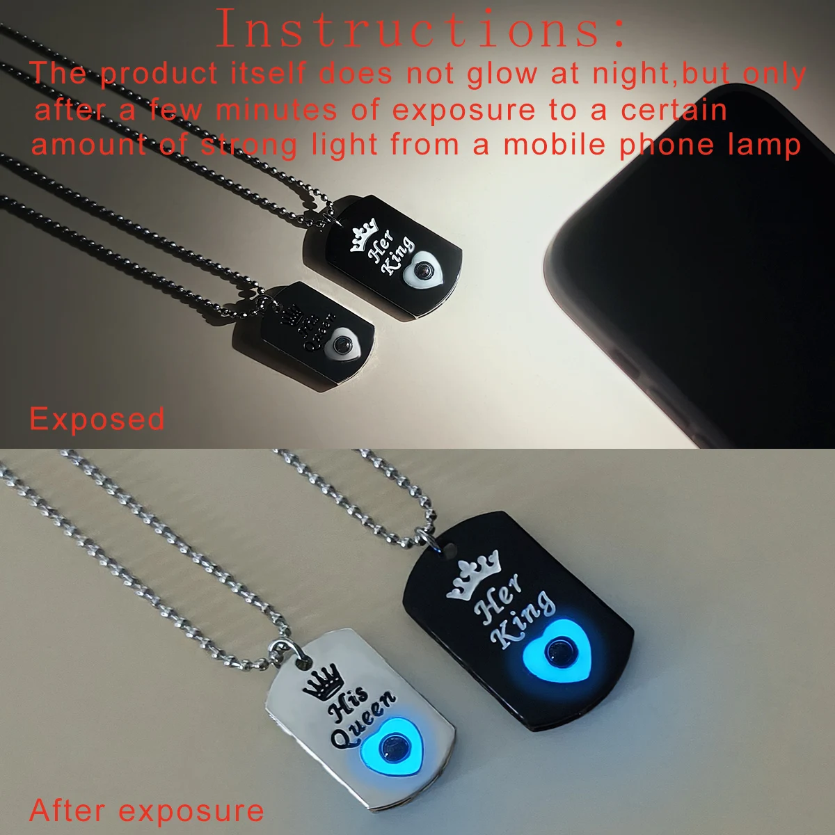 مجموعة مكونة من قطعتين من القلائد بتصميم التاج المتوهج في الظلام مع 100 لغة أنا أحبك هدية مجوهرات عصرية للزوجين