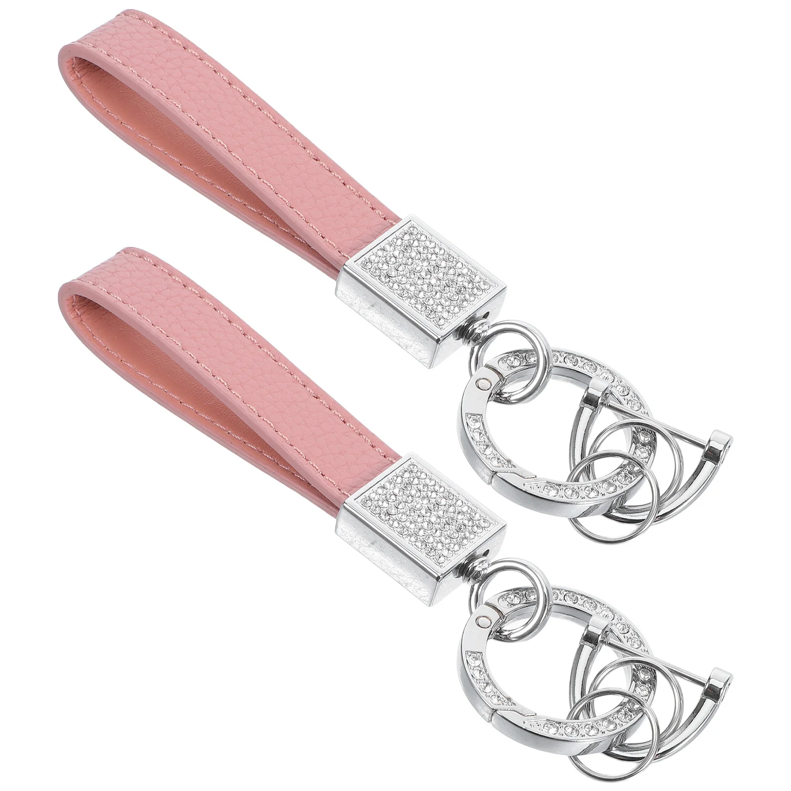 

2Pcs Litchi Grain Fake Car Keychain Rhinestone Decor Spring Ring Car Key Fob Holder for Keys Bag Pendant