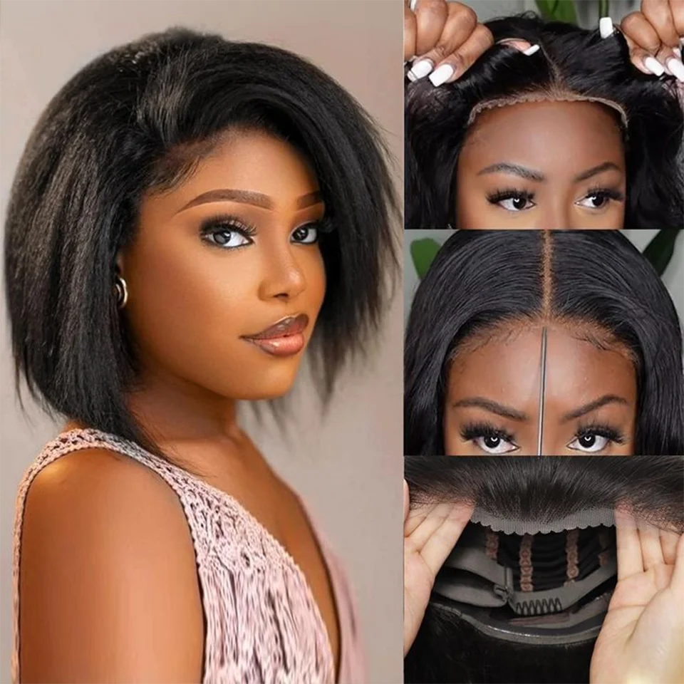 

Kinky Straight Bob Wig Human Hair Wigs Yaki Straight Bob Wig Wear And Go Natural Color Pre Cut Lace Human Hair Wig 12inches