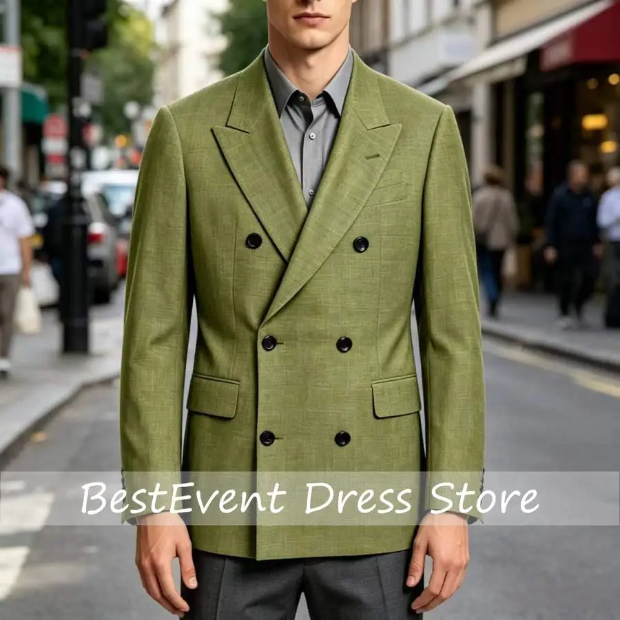 Men's Linen Double Breasted Blazer Slim Fit Textured Suit Jacket Notch Lapel for Business Wedding Casual Green Customized