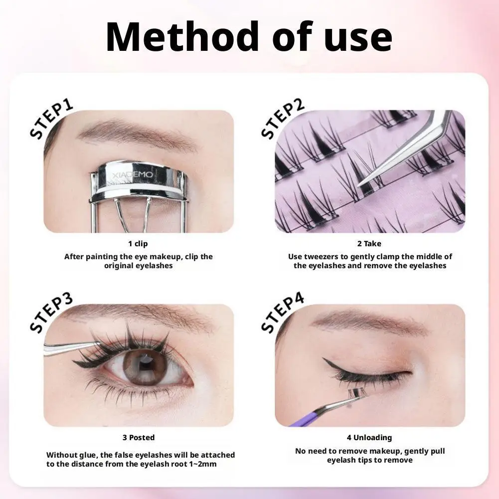 Glue-Free Self-Adhesive False Eyelashes 100 Clusters Large Volume Natural Look Easy to Apply for Lazy People Beginners