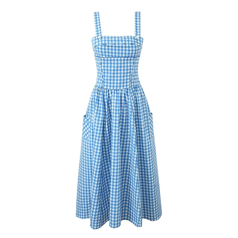 

YENKYE Summer Women Blue White Plaid Tank Dresses Sexy Fit And Flare Holiday Party Dresses Female Midi Robe French Style