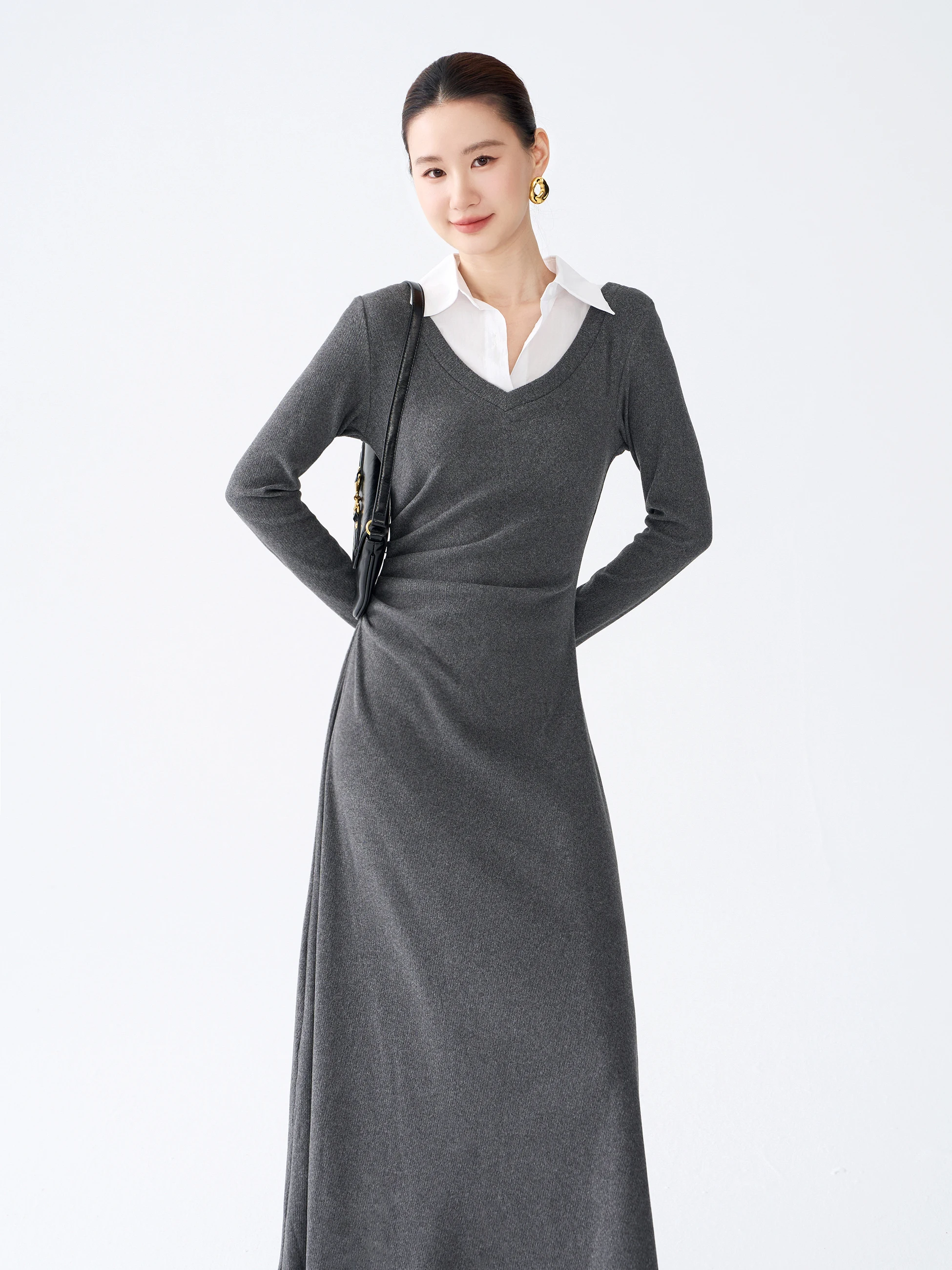 Gray Knitted Dress Women's Shirt Collar Design Sensation Pleated Waist Inward Intellectual Style Long Dress Soft Polyester Fiber