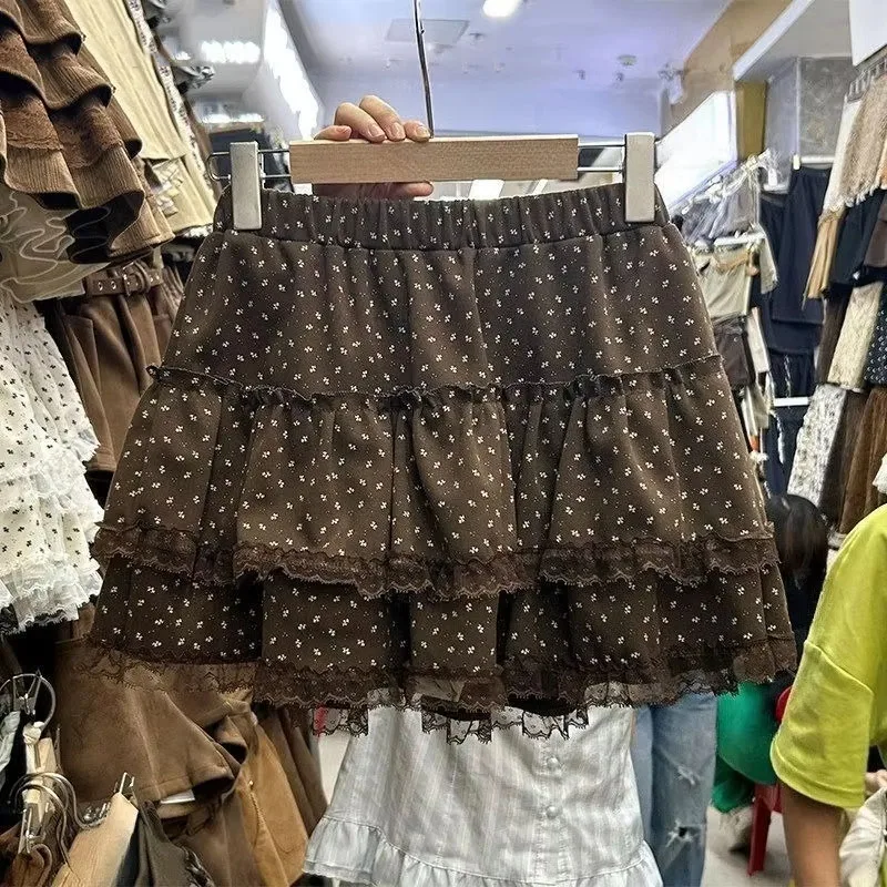 Y2k Aesthetic Vintage Printing Women Skirts Harajuku High Waist Ruffled Mini Skirt Streetwear Grunge Lace Patchwork Cake Faldas