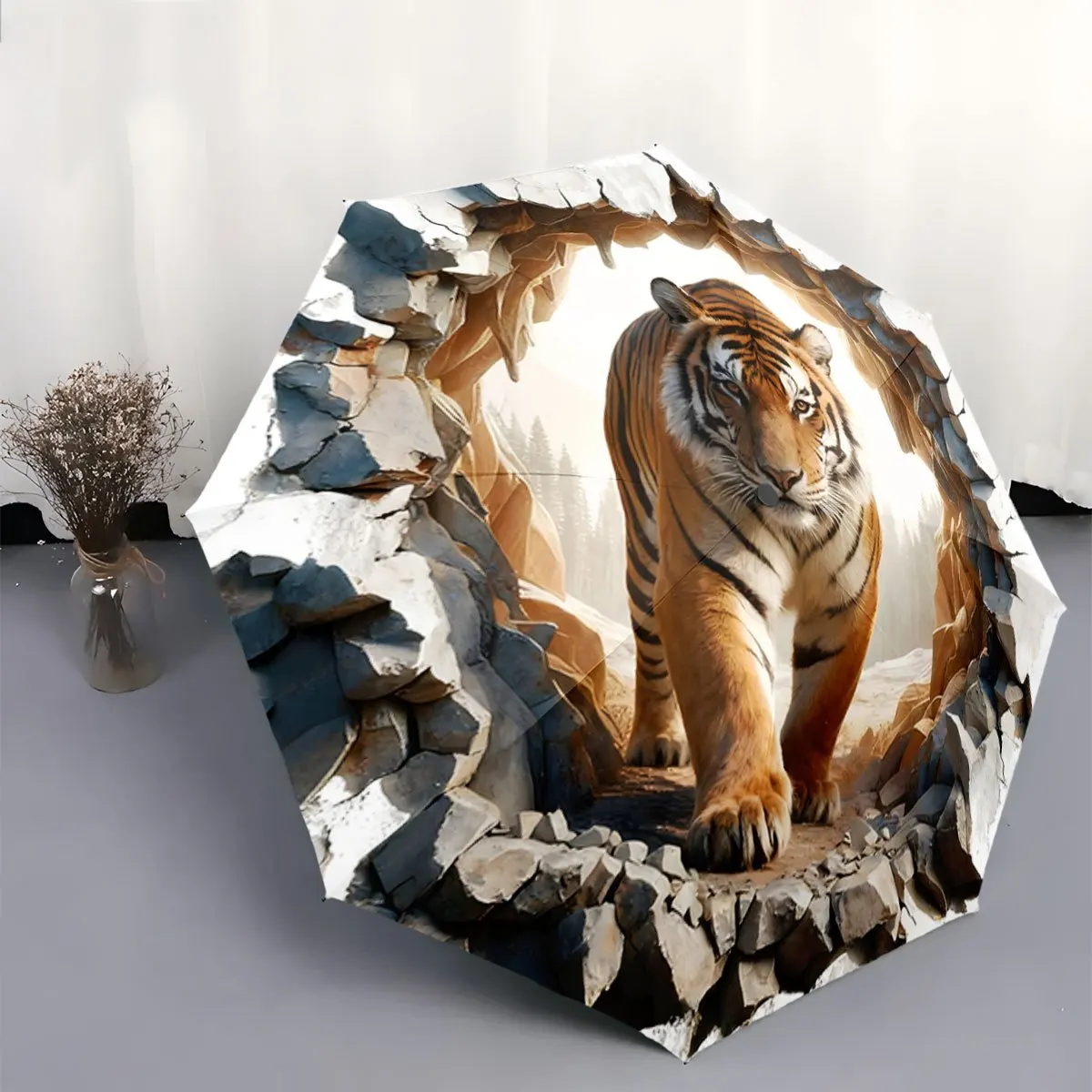 

Open/Close Portable Folding Umbrella with Tiger & Forest Design - 8-Rib Compact Travel Umbrella, Windproof Canopy, One-Touch B