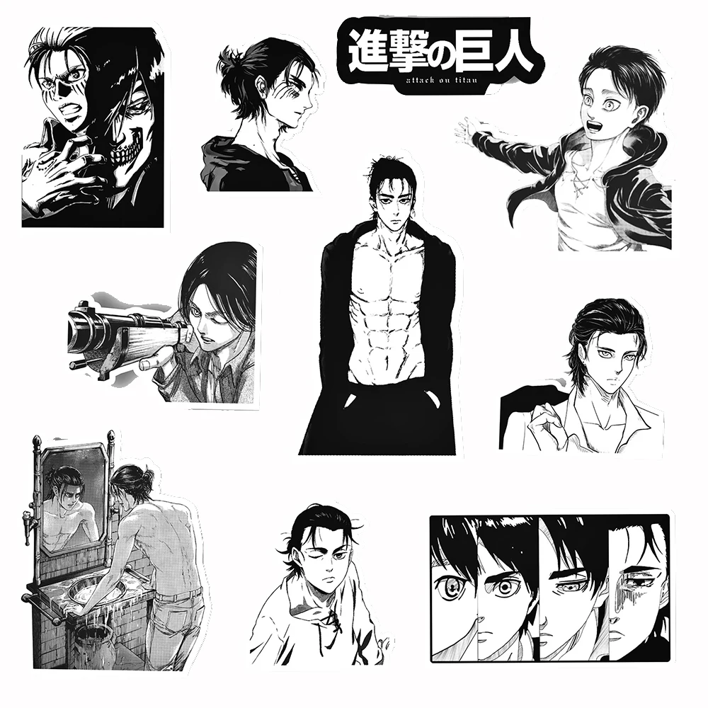 10/30/66pcs Black And White Attack on Titan Stickers Cool Eren Jaeger Anime Sticker Skateboard Suitcase Luggage Car Toys Decal