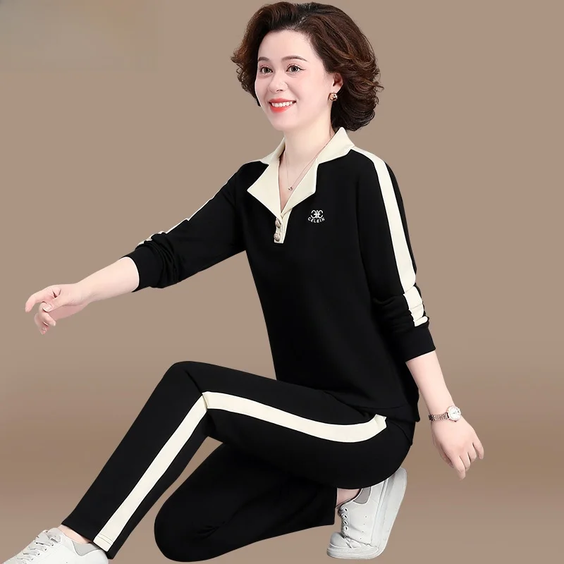 

Повседневный спортивный костюм для мам: осенний модный комплект из двух предметов, одежда для женщин среднего возраста, новая весенняя толстовка свободного кроя и длинные брюки