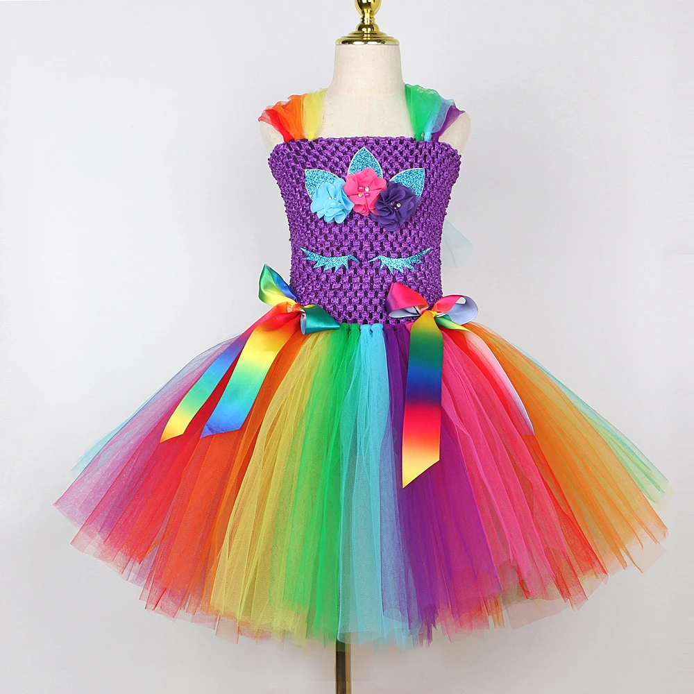 Rainbow Unicorn Costumes for Girls Birthday Party Christmas Dresses with Wings HairBow Kids New Years Tutu Outfit Child Clothes