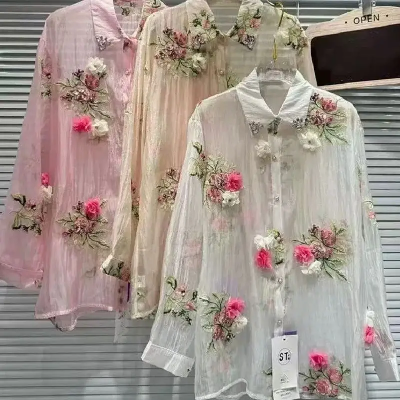 Luxury Design Summer Sparkle Diamonds Flowers Embroidery Party Shirts Blouses Women's Lightweight Sunscreen Top Woman Clothes