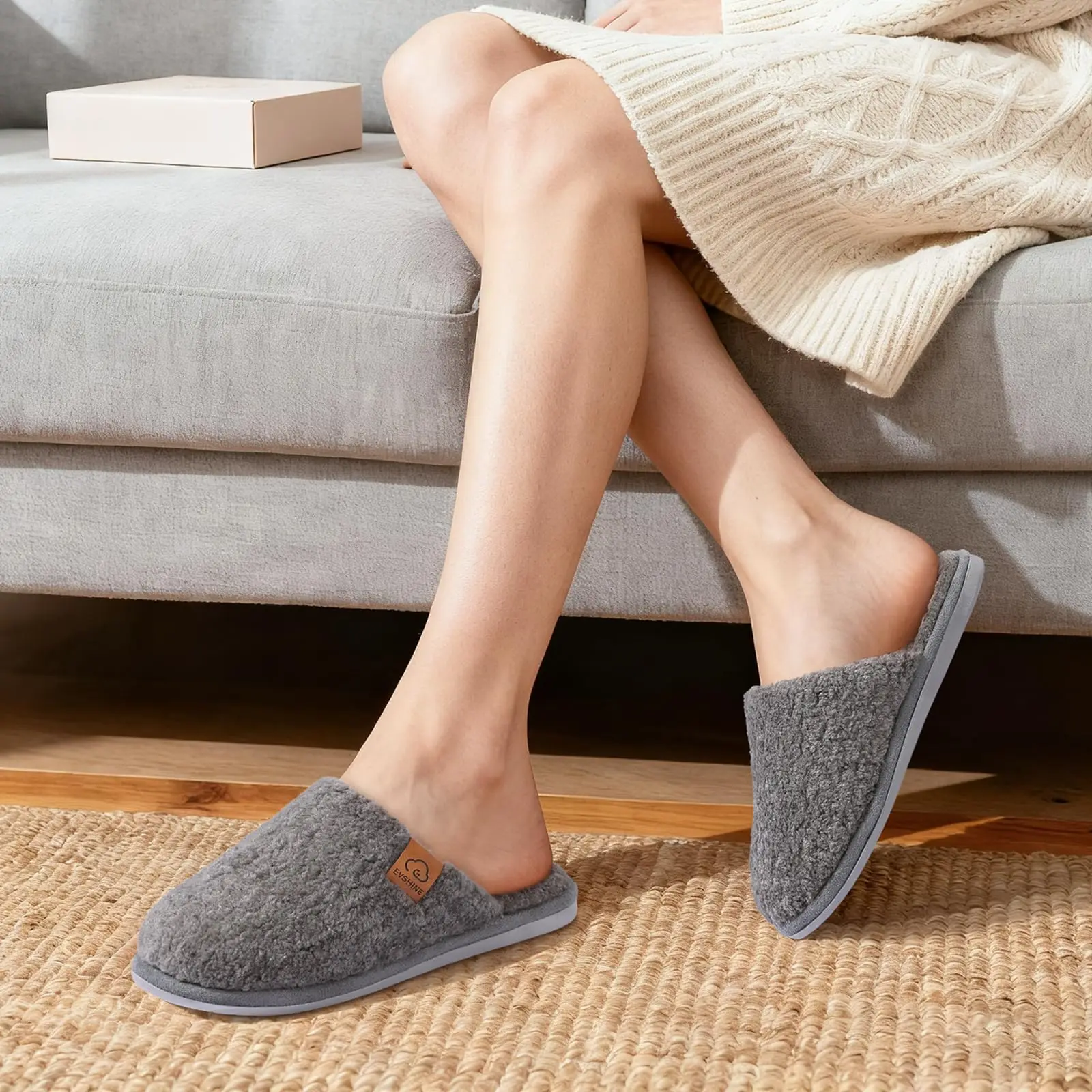 Shevalues Winter-Plüsch-Hausschuhe für Damen, warme Indoor-Slipper mit flachem Boden, flauschige, bequeme Baumwoll-Hausschuhe für Damen – Detail 12