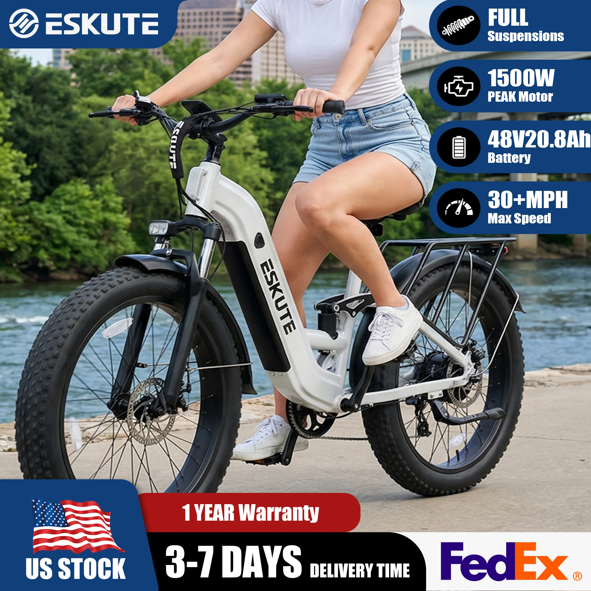 ESKUTE C300R-ST - Full Suspensions -  Electric Bike for Adults ，48V20.8Ah Battery Ebike up to 80 Miles, 26x4.0 Fat Tire Step-Through Ebike, 8-Speed, UL2849 E-Bike