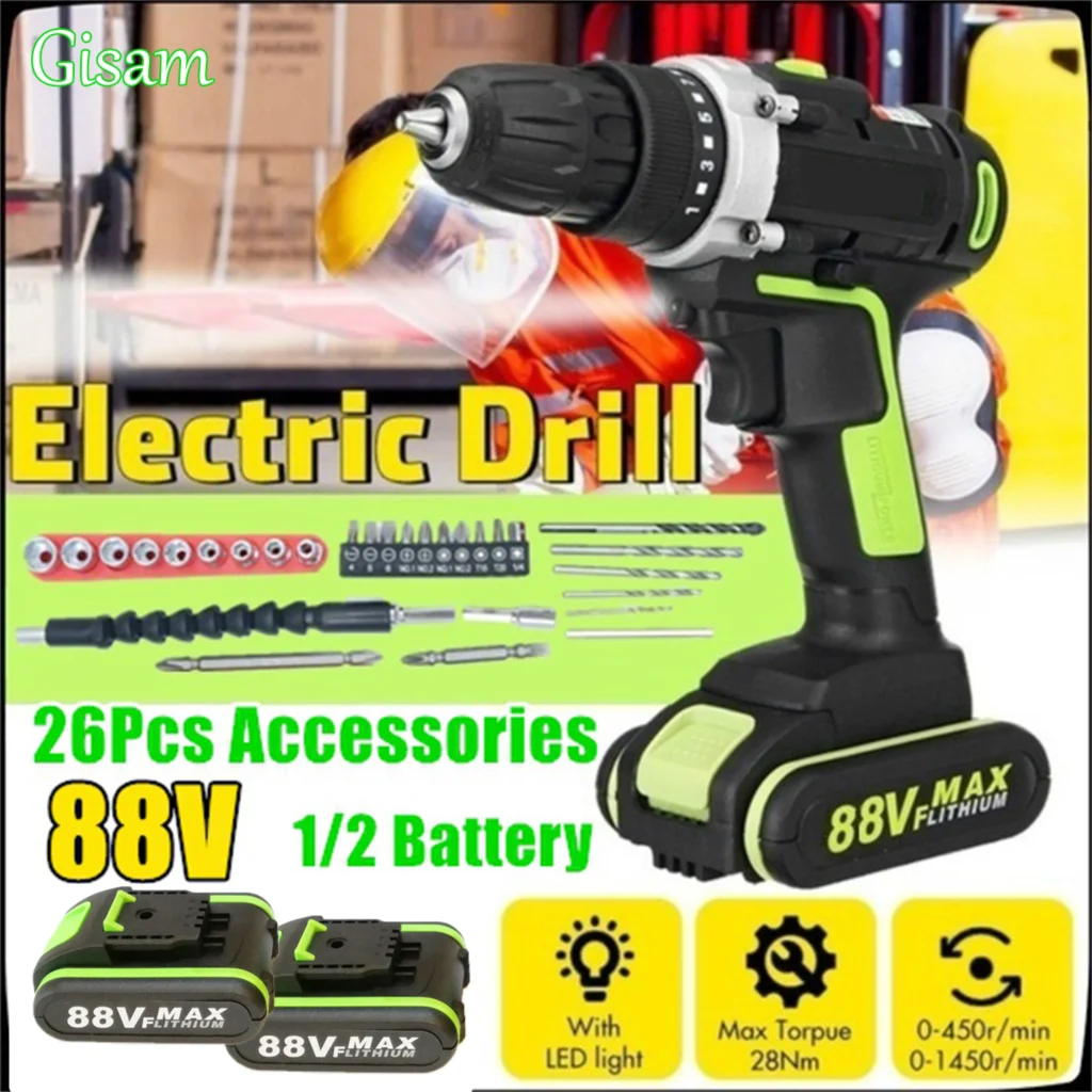 88V Electric Impact Drill High-power Lithium Battery Cordless Rechargeable Hand Drills LED Lights Power Tools With Drill Bit Set