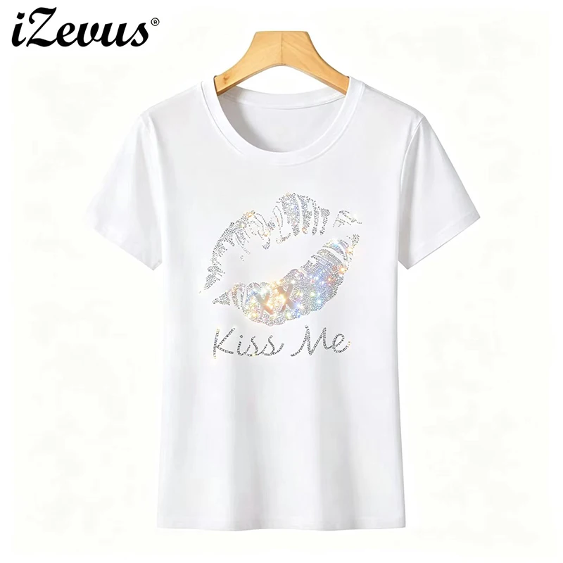IZEVUS t shirts for women summer short sleeve female fashion sexy lips kiss me crystal o collar soft cotton ladies t shirt