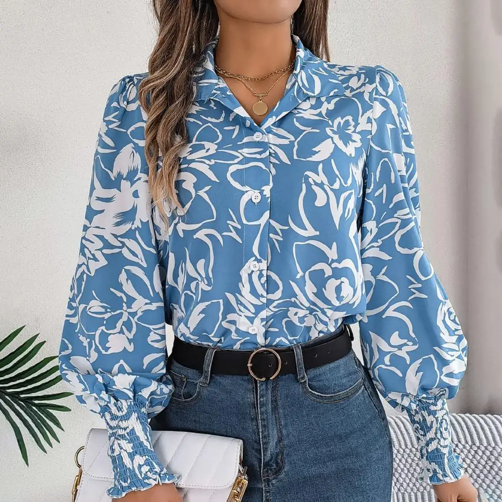 Damen Freizeit hemd Revers Laterne Ärmel Damen hemd mit Blumenmuster lässig einreihig Top für Streetwear-Stil