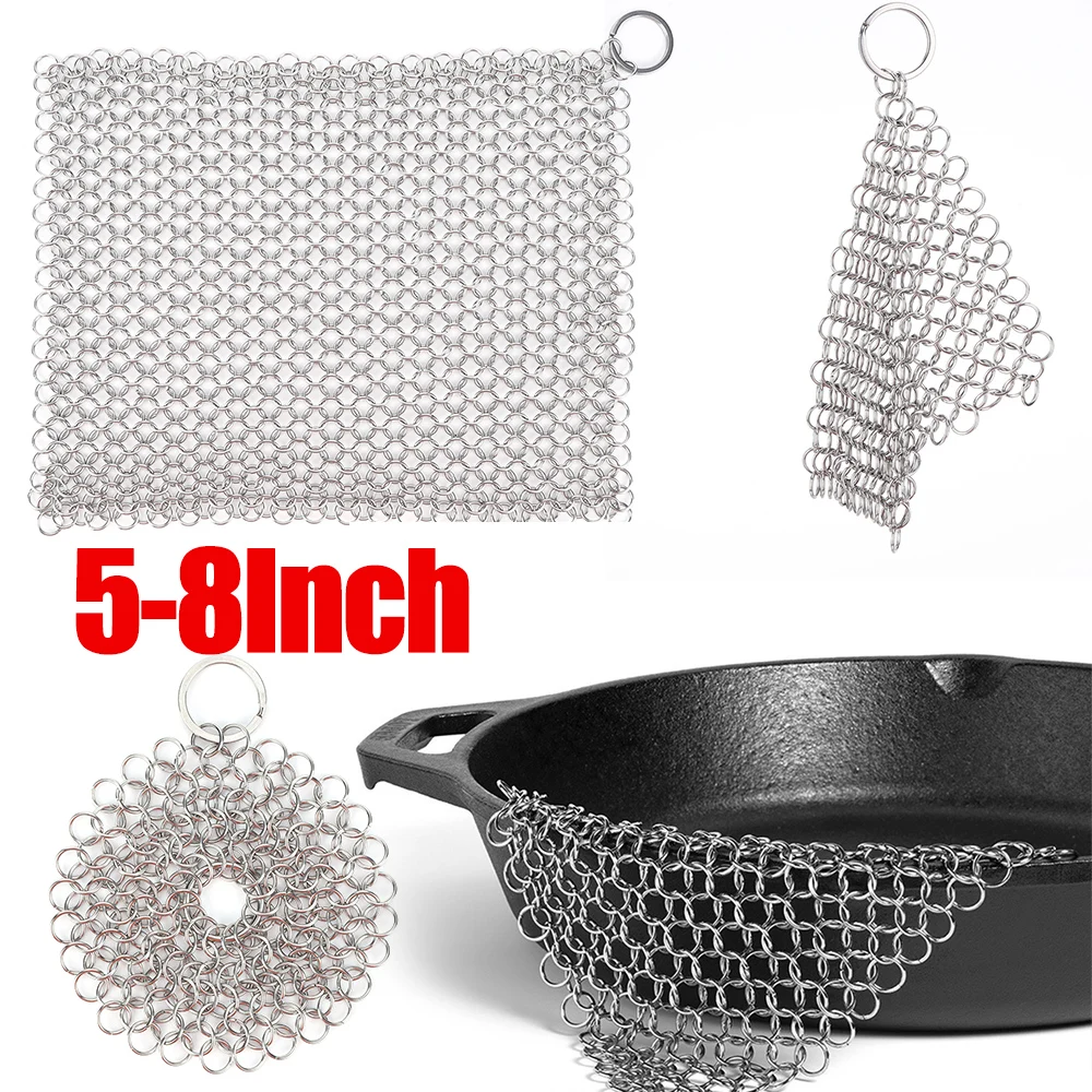 5-8 Inches Cast Iron Cleaner Chain Mail Scrubber Brush Pan Net  with Hanging Ring Stainless Steel Home Cookware Kitchen Tool