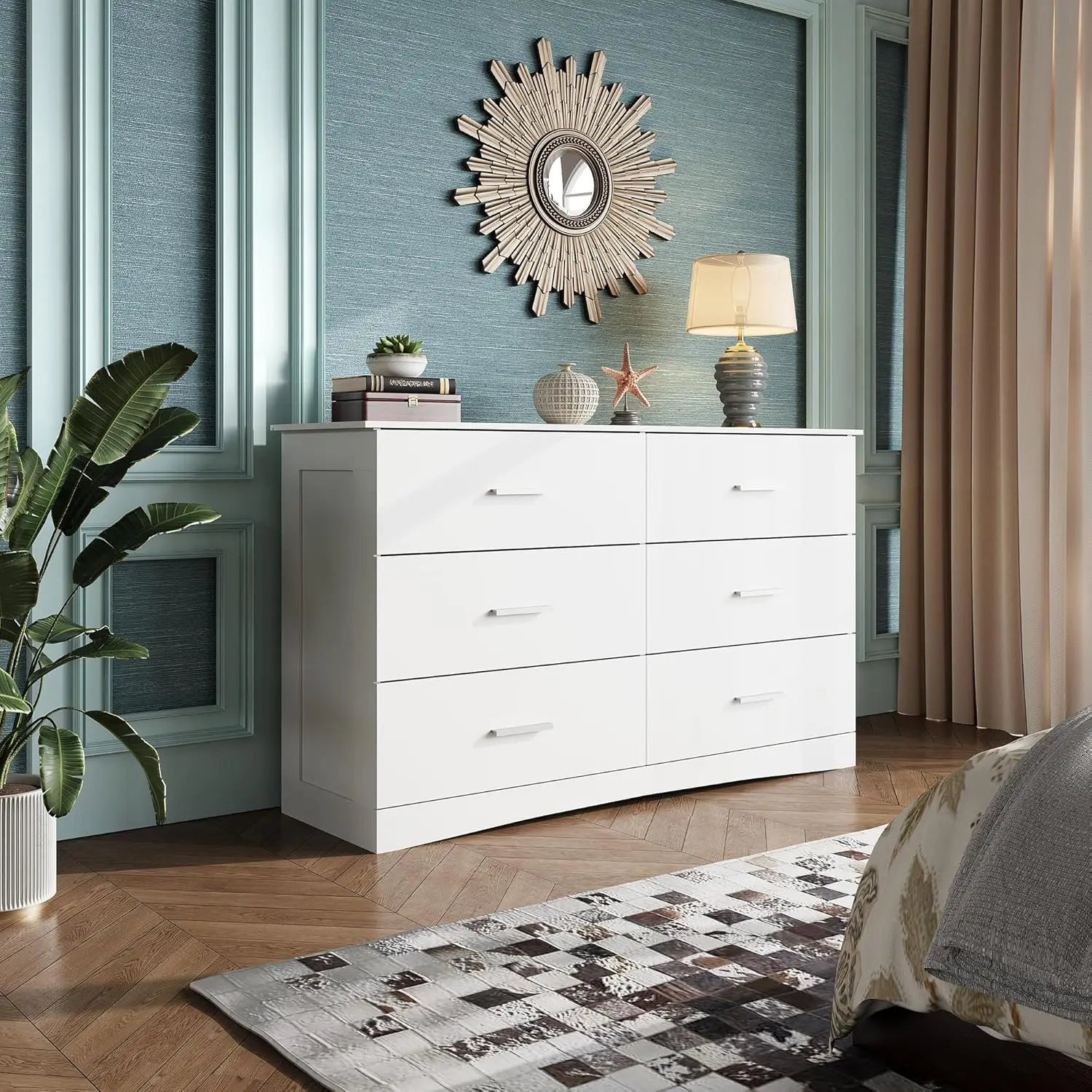 Wood Dresser for Bedroom, Wide Chest of Drawers with 6 Drawers, Large White Storage Tower Unit, Modern Minimalist Closet