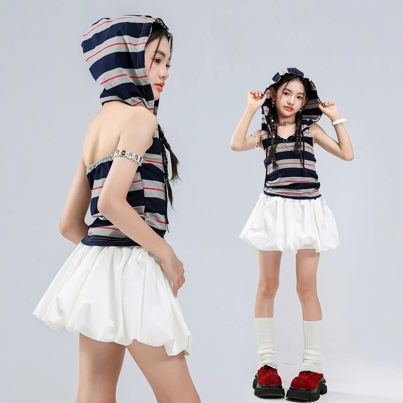 

Girls Street Dance Hip Hop Clothes Striped Hooded Vest White Skirt Cool Jazz Modern Dance Performance Costume Group Stage Wear