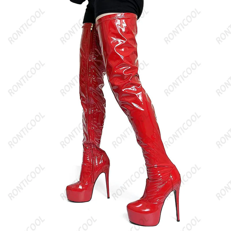 

Ronticool, женские весенние ботинки до бедра на платформе, эластичные туфли на шпильке с круглым носком, винно-красные туфли для косплея, размер США 5-20