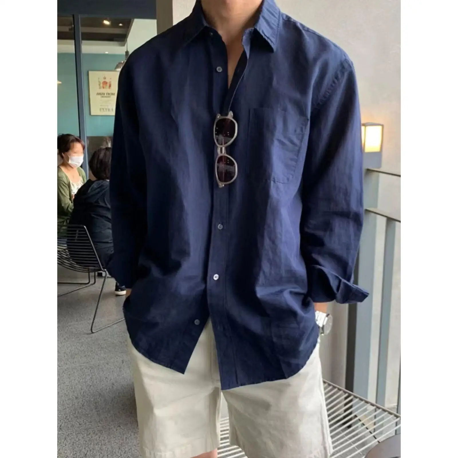 

Long Sleeve Casual Shirt Men's Korean Style 2025 New Collar Lazy Fashion High Sensation Cool Looking Outerwear Polyester Fiber