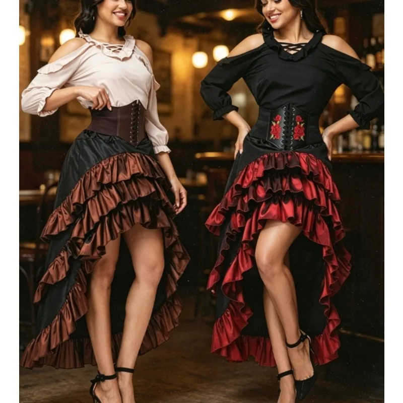 

Women's Off Shoulder Court Dress Vintage European American Halloween Costume Irregular Ruffle Hem Stage Gown