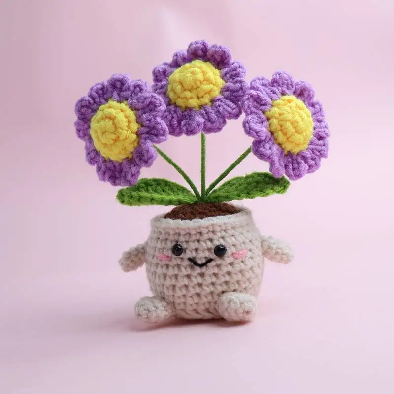 Niedliche Gehäkelte Gänseblümchen-Topfpflanze Handgefertigte Gewebte Blätter Kreative Kunstpflanzen Desktop-Bücherregal-Deko Geschenk – Detail 3