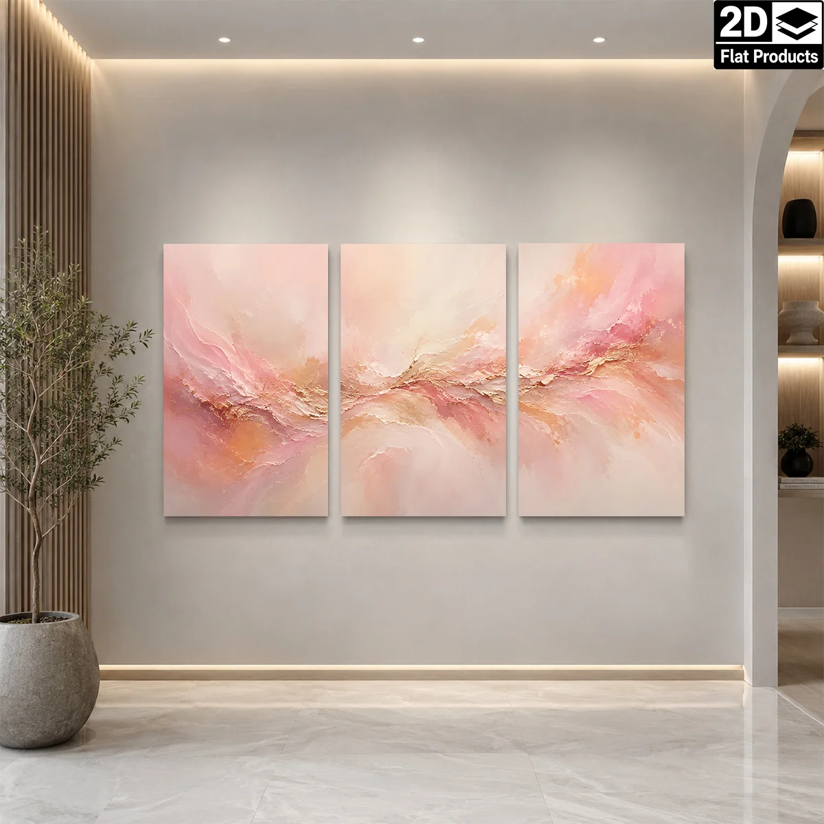 Frameless canvas 2D Flat 3pc  Wall Art – Three panels of abstract art with soft pink and gold flowing patterns perfect for ae