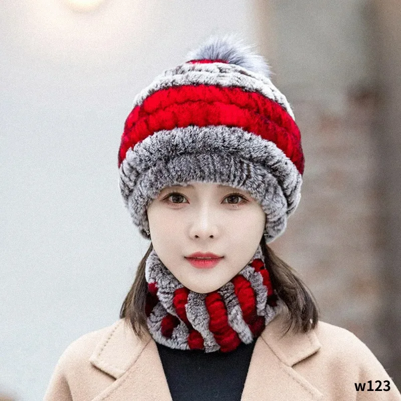 Fashion Girl Fur Cap Lady Winter Natural Real Rex Rabbit Fur Hat Scarf Suit High Quality Women 100% Genuine Fur Hat