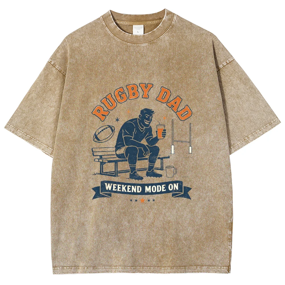 Rugby Dad Weekend Mode On T Shirt Vintage Washed Beige Graphic Tees Oversized Cotton Short Sleeve Tops Gift for Sports Dad