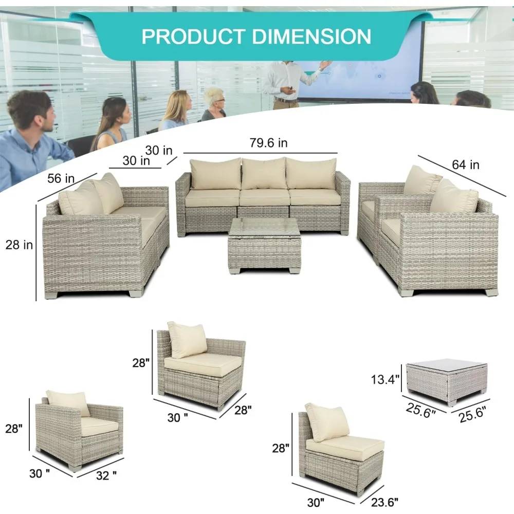 Conjunto de muebles de jardín, sofá seccional con mesa para Patio trasero, jardín, balcón, juego de 8 piezas