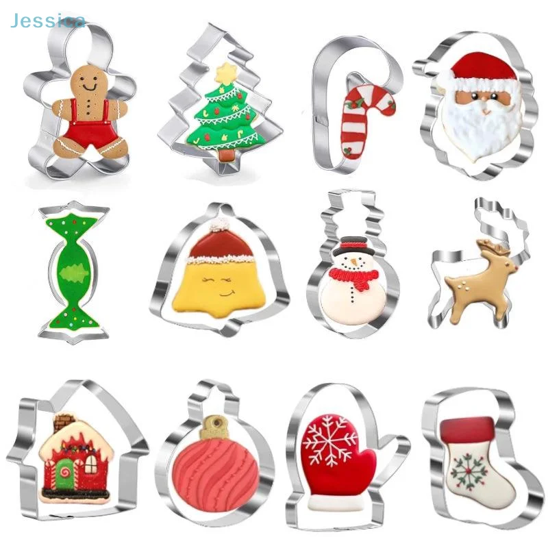 

♥Hot 12Pcs Christmas Cookie Cutter Stainless Steel Bell Christmas Tree Fondant Cake Mold Baking Tool Mousse Ring Cookie